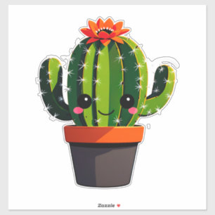 Cute Cartoon Cactus Plant in Pot With Flower