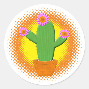 Cute Cartoon Cactus With Pink Flowers Classic Round Sticker