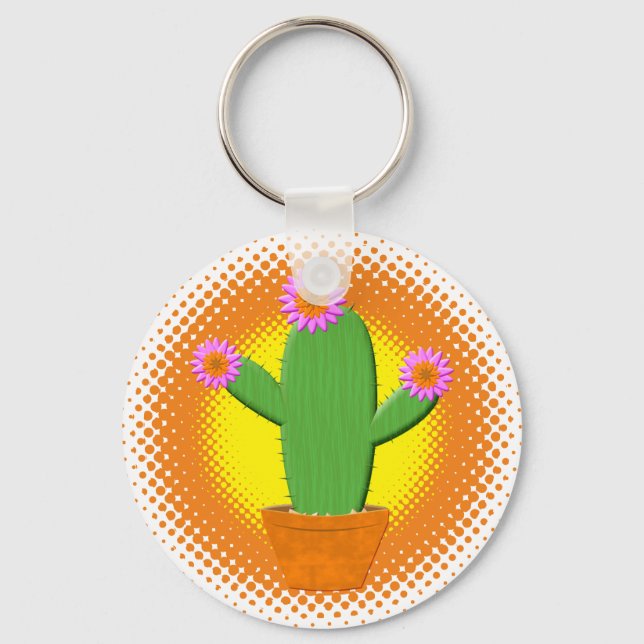 Cute Cartoon Cactus With Pink Flowers Key Ring (Front)