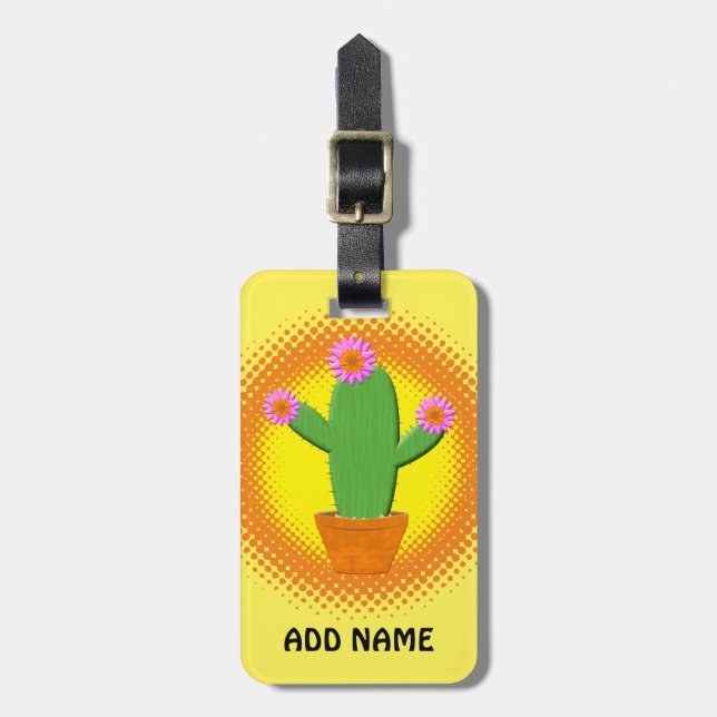 Cute Cartoon Cactus With Pink Flowers Luggage Tag (Front Vertical)