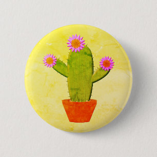 Cute Cartoon Cactus With Pink Flowers Painting 6 Cm Round Badge