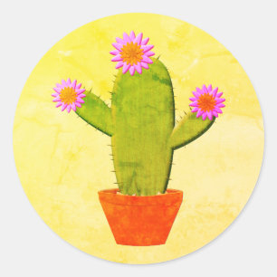Cute Cartoon Cactus With Pink Flowers Painting Classic Round Sticker