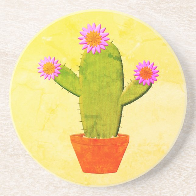 Cute Cartoon Cactus With Pink Flowers Painting Coaster (Front)
