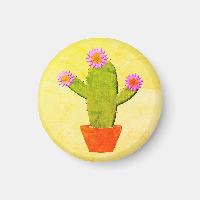 Cute Cartoon Cactus With Pink Flowers Painting Magnet (Front)