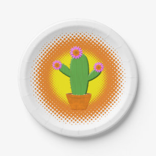 Cute Cartoon Cactus With Pink Flowers Paper Plate
