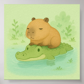 Cute cartoon capybara on green crocodile poster
