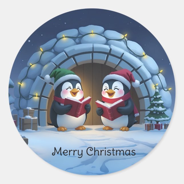 Cute Cartoon Caroling Penguins Classic Round Sticker (Front)