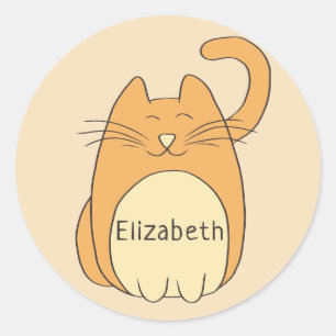 Cute Cartoon Cat Add Name   Beige Classic Round Sticker