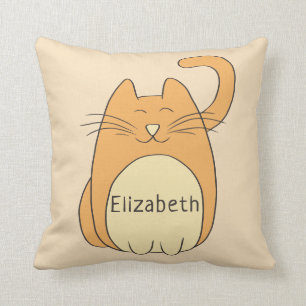 Cute Cartoon Cat Add Name Beige Cushion
