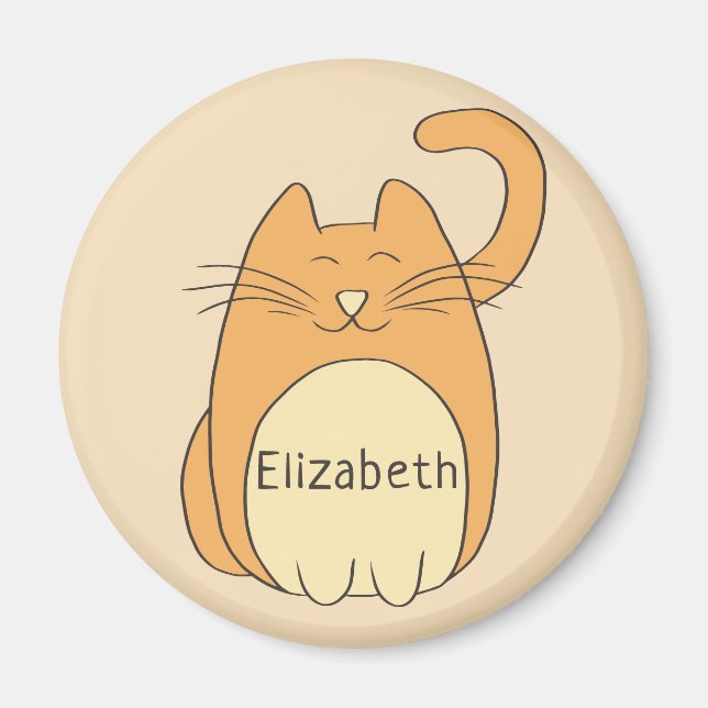 Cute Cartoon Cat Add Name | Beige Magnet (Front)