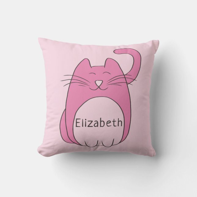 Cute Cartoon Cat Add Name | Pink Cushion (Front)