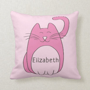 Cute Cartoon Cat Add Name   Pink Cushion