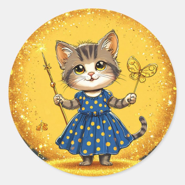 Cute cartoon cat classic round sticker (Front)
