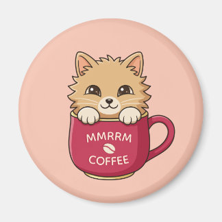 Cute Cartoon Cat Coffee Mug Pink Custom Text Magnet