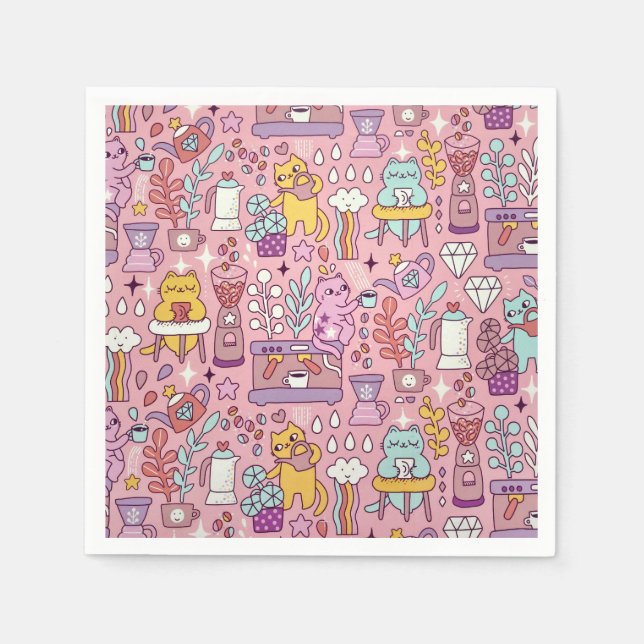 Cute Cartoon Cat Collection On Pink Napkin (Front)