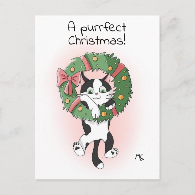 Cute Cartoon Cat Dangling from a Christmas Wreath Holiday Postcard (Front)