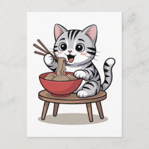 Cute Cartoon Cat Eating Noodles With Chinese Writi Holiday Postcard