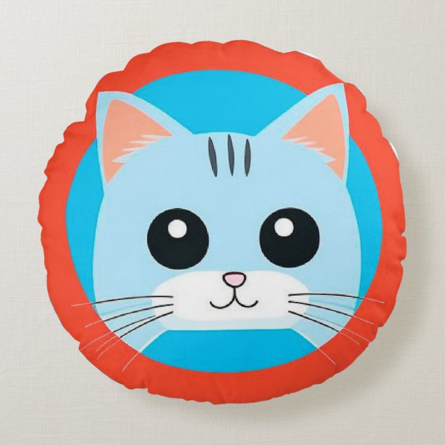 Cute Cartoon Cat Face Round Cushion (Front)