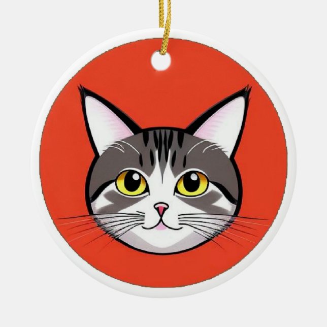 Cute Cartoon Cat Face With Bold Graphic Design Ceramic Tree Decoration (Front)