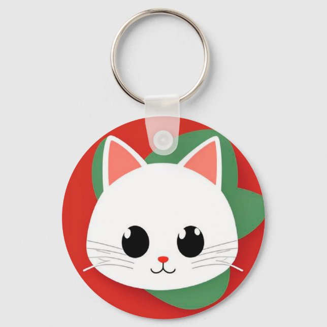 Cute Cartoon Cat Face With Bold Graphic Design Key Ring (Front)