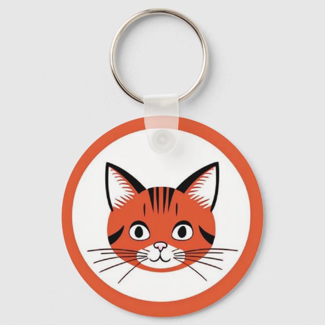 Cute Cartoon Cat Face With Bold Graphic Design Key Ring (Front)