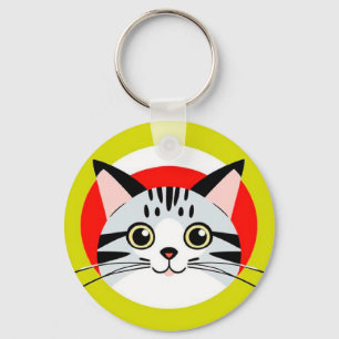 Cute Cartoon Cat Face With Bold Graphic Design Key Ring