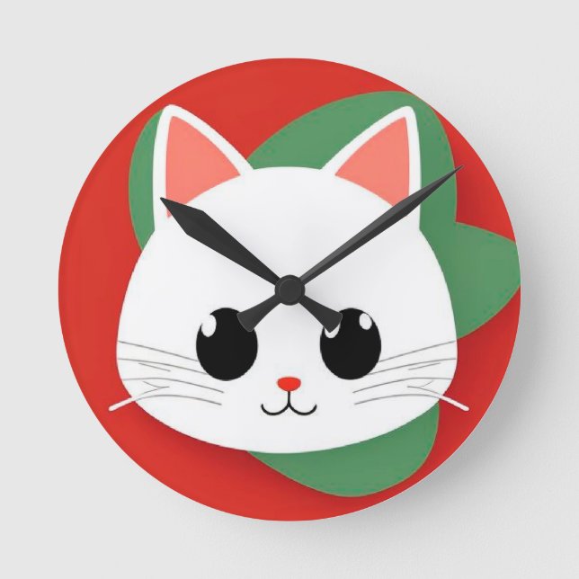 Cute Cartoon Cat Face With Bold Graphic Design Round Clock (Front)