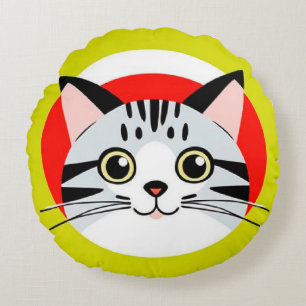 Cute Cartoon Cat Face With Bold Graphic Design Round Cushion