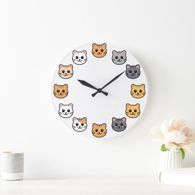 Cute Cartoon Cat Faces Kawaii Feline Wall Clock (Home)