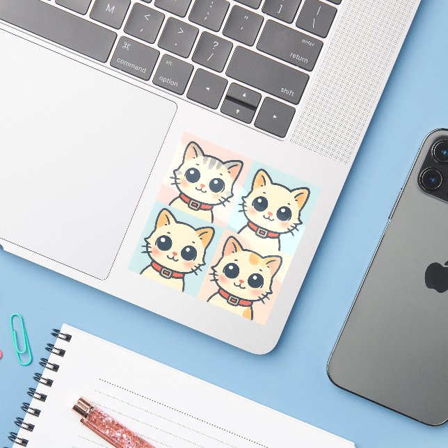 Cute Cartoon Cat Grid Sticker (Laptop w/ iPhone)