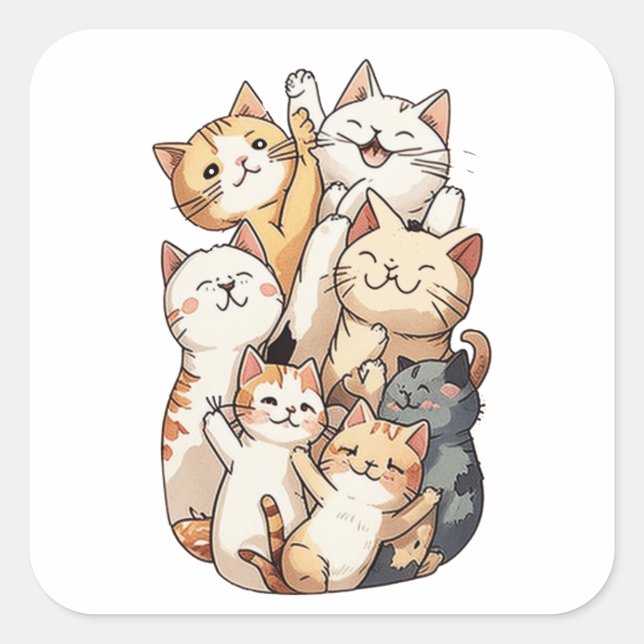 cute cartoon cat group photo square sticker (Front)