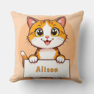 Cute Cartoon Cat Holding Blank Sign Funny Style 🐱 Cushion