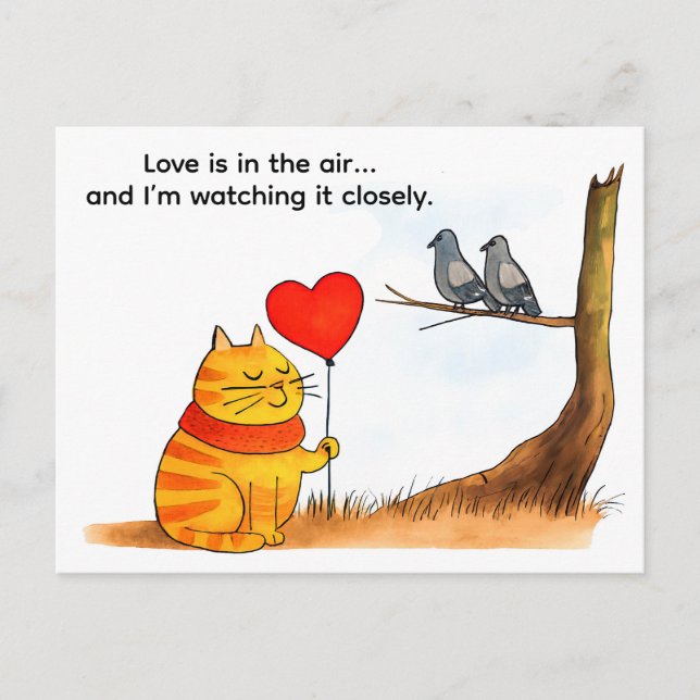 Cute Cartoon Cat Holding Heart Balloon Illustratio Postcard (Front)