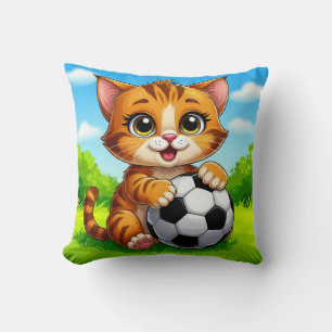 Cute Cartoon Cat Holding Soccer Ball Cushion