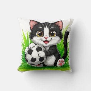 Cute Cartoon Cat Holding Soccer Ball Cushion