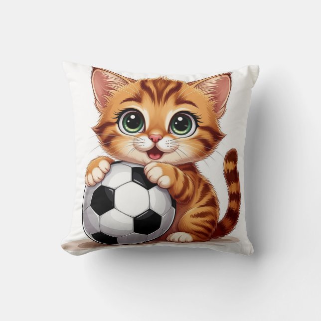 Cute Cartoon Cat Holding Soccer Ball Cushion (Front)