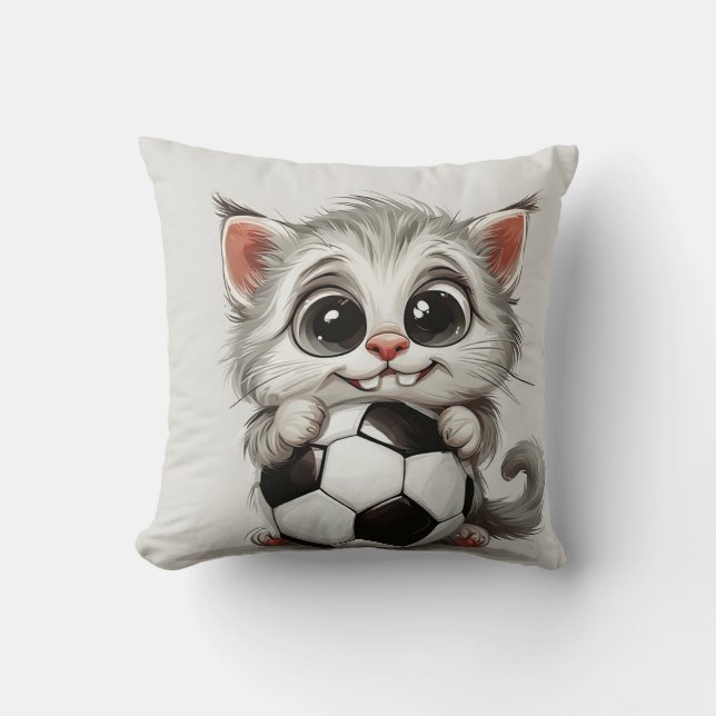 Cute Cartoon Cat Holding Soccer Ball Cushion (Front)