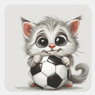Cute Cartoon Cat Holding Soccer Ball Square Sticker