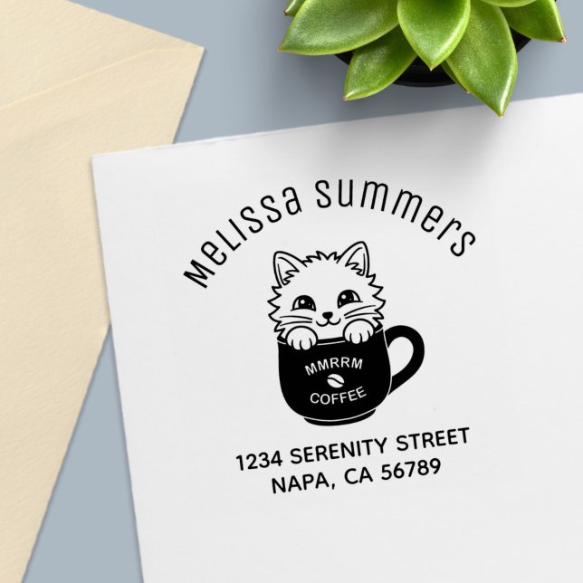 Cute Cartoon Cat in Coffee Mug Arch Address Self-inking Stamp (Creator Uploaded)