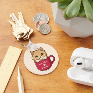 Cute Cartoon Cat in Coffee Mug Custom Text Key Ring