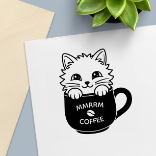 Cute Cartoon Cat in Coffee Mug Custom Text Self-inking Stamp