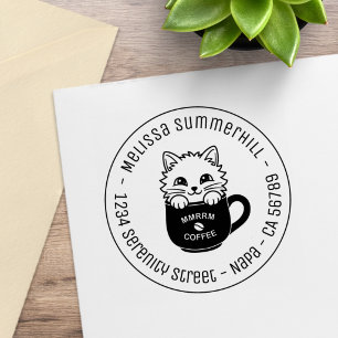 Cute Cartoon Cat in Coffee Mug Round Address Rubber Stamp