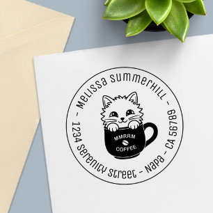 Cute Cartoon Cat in Coffee Mug Round Address Self-inking Stamp