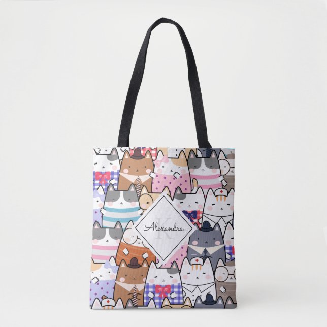 Cute Cartoon Cat Kitten Pattern Monogram Girl Name Tote Bag (Front)