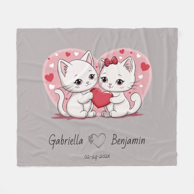 Cute Cartoon Cat Lovers Heart Valentine’s Day  Fleece Blanket (Front (Horizontal))