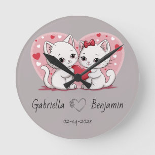 Cute Cartoon Cat Lovers Heart Valentine’s Day Round Clock