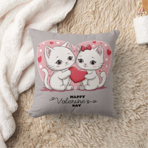 Cute Cartoon Cat Lovers Hearts Valentine’s Day Cushion