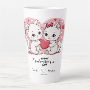 Cute Cartoon Cat Lovers Hearts Valentine’s Day Latte Mug
