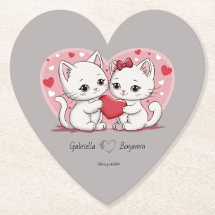 Cute Cartoon Cat Lovers Hearts Valentine’s Day Paper Coaster