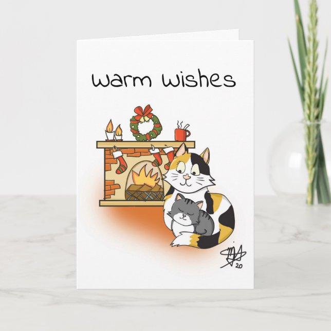 Cute Cartoon Cat Mom with Kitten Warm Christmas Card (Front)